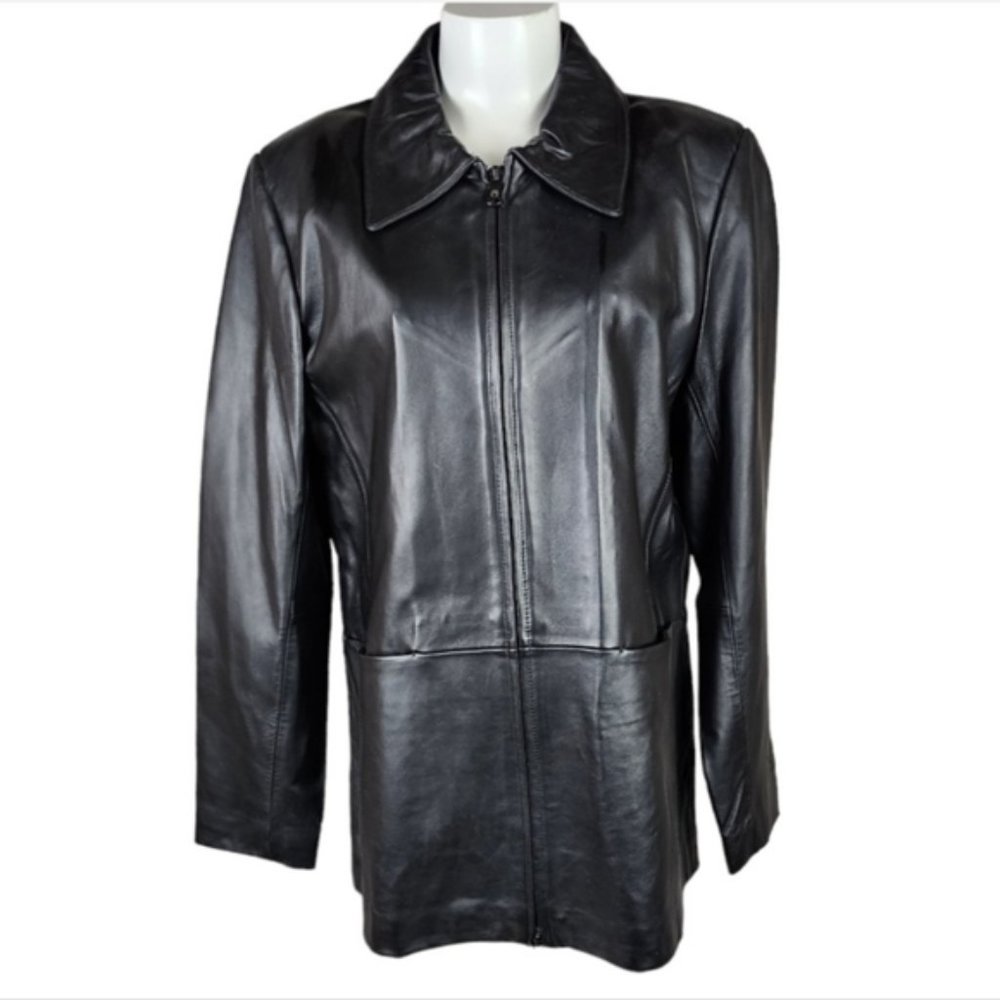 Vintage Leather Jacket Hip Length Double Zip Front Black Size Large